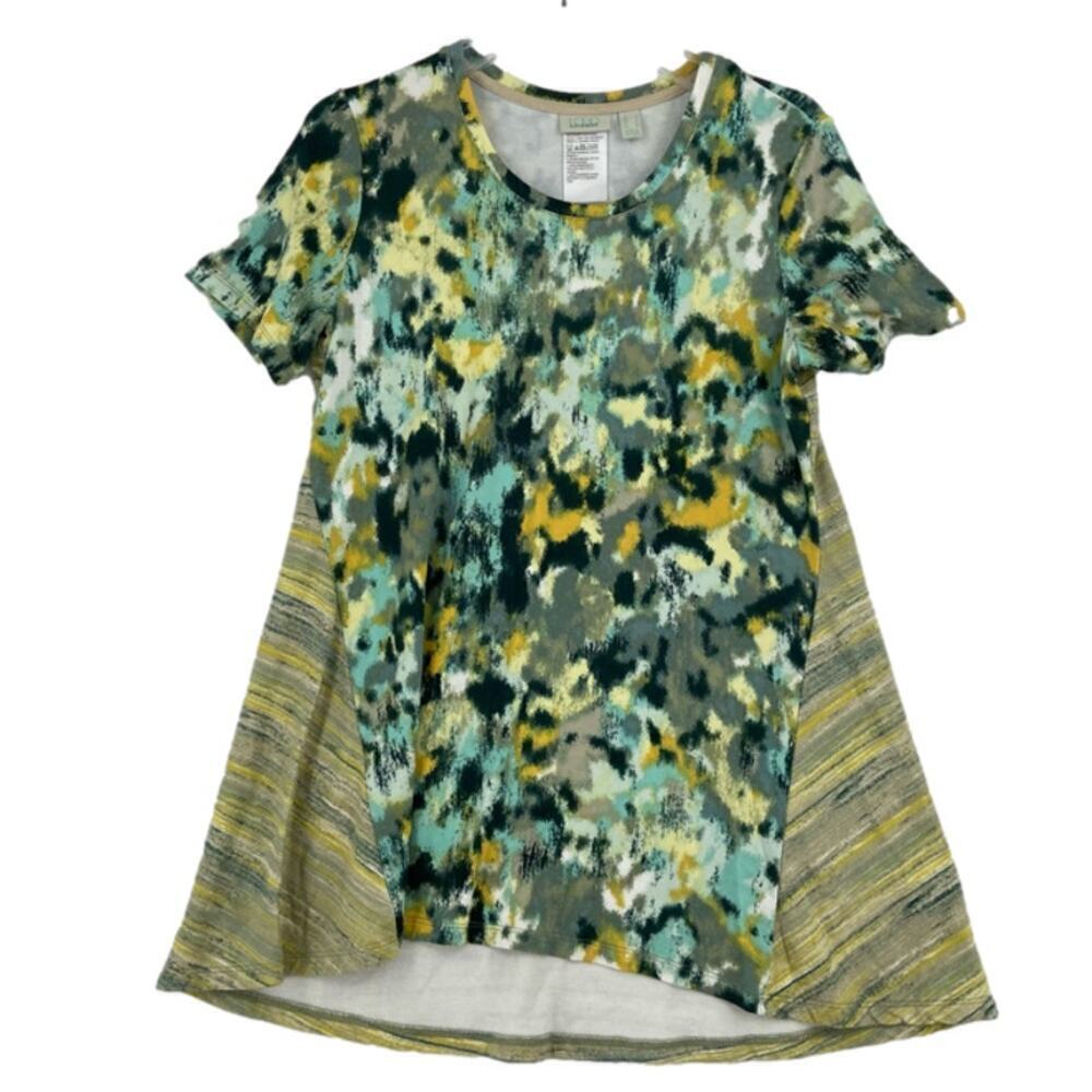 Lori Goldstein Tunic Blouse Size S Green Multi Watercolor LOGO Lounge